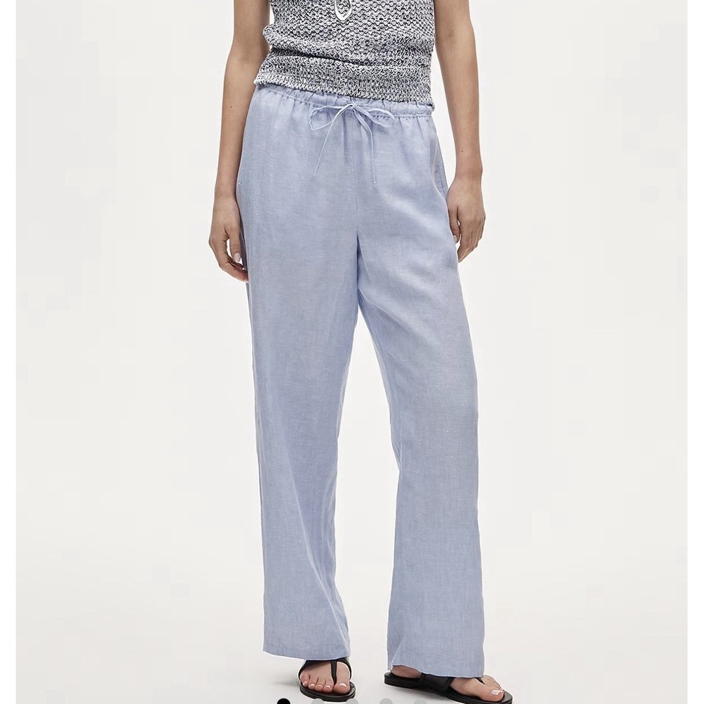 J.Crew Soleil Linen Pants French Blue M Wide Leg Pull On Drawstring Beach Resort